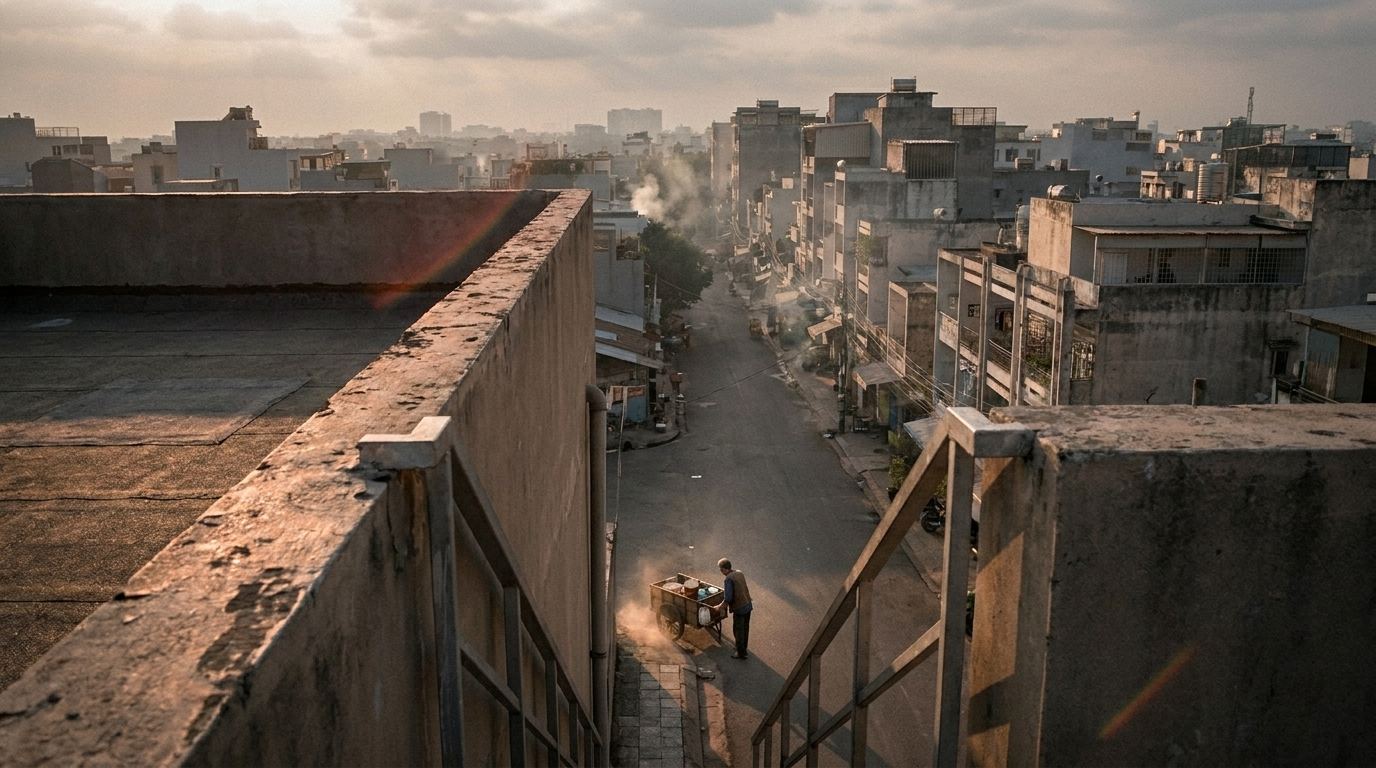 A street at dawn seen from a rooftop